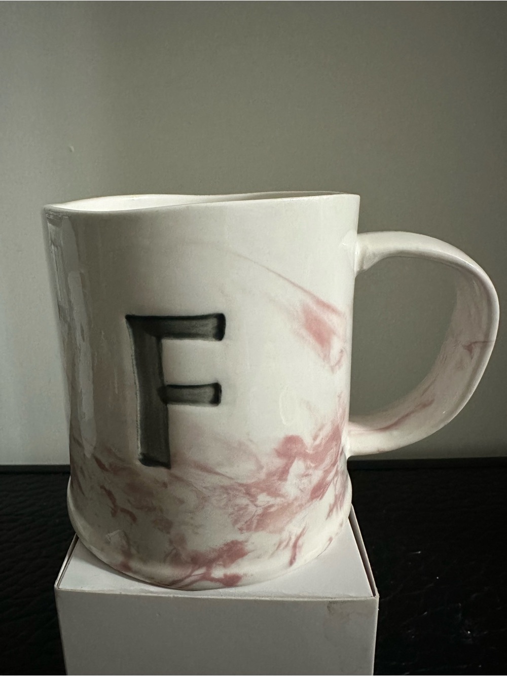 Anthropologie White Porcelain coffee Mug with Pink Marble and Black F Monogram